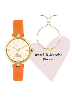 Ladies Amber T-Bar Leather Strap Watch with Pale Gold Twist Chain Friendship Bracelet by Radley London