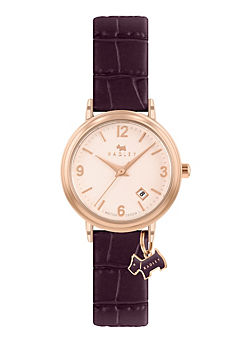 Ladies Aubergine Stepped Bezel Rose Gold Plated Strap Watch by Radley London