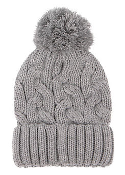 Ladies Cable Grey Knit Hat with Pom Pom Detail by Totes