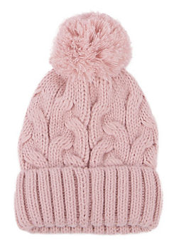 Ladies Cable Pink Knit Hat with Pom Pom Detail by Totes