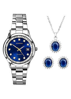 Ladies Catherine 3 Piece Gift Set with Blue Mother of Pearl Dial Watch, Blue Glass Pendant & Matching Earrings by Sekonda