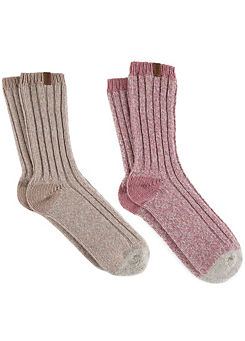 Ladies Chunky Twist Wool Boot Socks Oat/Pink 2 Pack by Totes