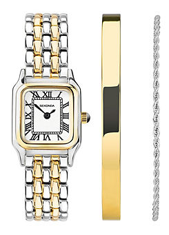 Ladies Monica 3 Piece Gift Set with White Dial Watch, Gold Bangle & Silver Bracelet by Sekonda