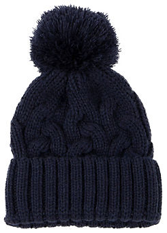Ladies Navy Cable Knit Beanie Hat with Pom Pom by Totes