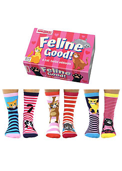 Ladies Pack of 6 Feline Good Cat-Tastic Odd Socks by United Oddsocks