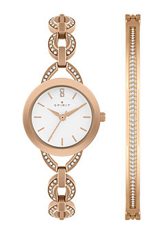 Ladies Polished Pale Rose Gold Link Bracelet Watch & Bangle Set by Spirit