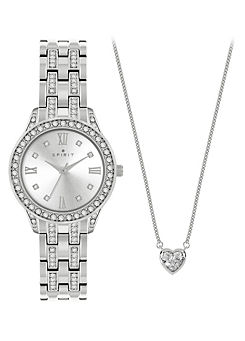 Ladies Polished Silver Bracelet Watch & Heart-Shaped Stone Chain Necklace Set by Spirit