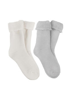 Ladies Premium Twin Pack Recycled Brushed Thermal Bed Socks - Grey & Oat by Totes