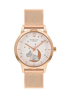 Ladies Rose Gold Stainless Steel Mesh Dog & Moon Design On Dial Watch by Radley London