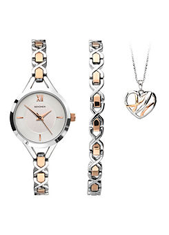 Ladies Two Tone Rose Gold Alloy Bracelet Analogue 25mm Watch, Bracelet And Pendant Gift Set by Sekonda