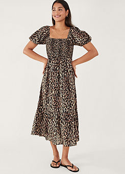 Leopard Print Shirred Puff Sleeve Dress by Accessorize