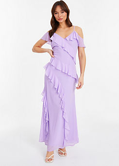 Lilac Cold Shoulder Maxi Dress with Frills by Quiz