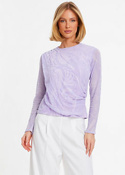 Lilac Flocked Mesh Long Sleeve Ruched Top by Quiz