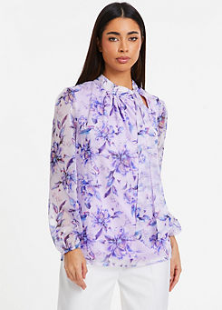 Lilac Floral Chiffon Pussy Bow Blouse by Quiz