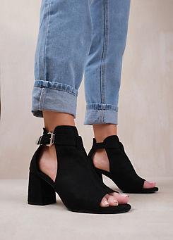 Lisa Black Suede Open Toe Block Heels by Where’s That From