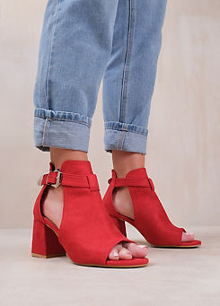 Lisa Red Suede Open Toe Block Heels by Where’s That From