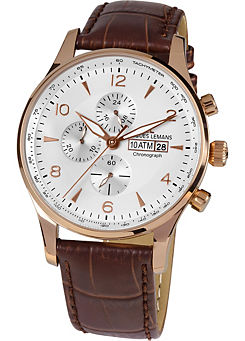 London Chronograph Leather Strap Rose Gold Plated Men’s Watch by Jacques Lemans