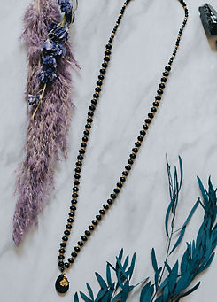 Long Length Black Obsidian & Chalcedony Stone Necklace with Gold Tone Detail by Xander Kostroma