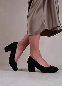 Melrose Black Suede Block Heel Court Shoes by Where’s That From