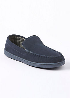 Mens Navy Suede Check Lined Moccasin Slippers by Cotton Traders