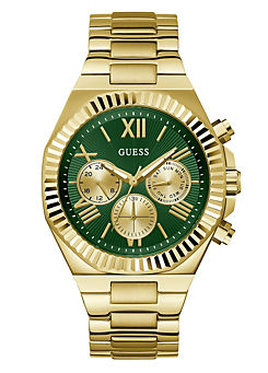 Men’s Brushed Gold Case, Sunray Green Multi Function Dial Brushed And Polished Gold Bracelet Watch by Guess