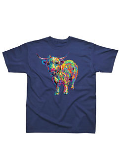 Men’s Colourful Highland Cow Print Navy Blue T-Shirt by PD Moreno