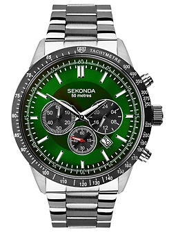 Men’s Velocity Silver Stainless Steel Bracelet with Green Dial Watch by Sekonda