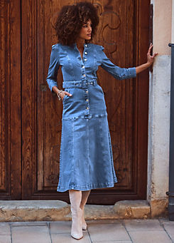 Mid Blue Panelled Detail Button Front Denim Dress by Sosandar