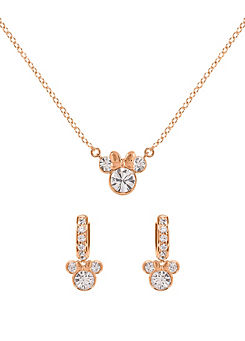 Minnie Mouse Rose Gold Plated Clear Crystal Hoop Earrings & Necklace Set by Disney