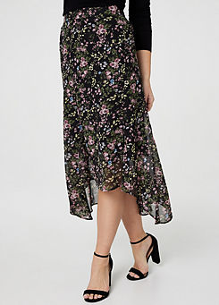Multi Black Floral Semi Sheer High Low Skirt by Izabel London