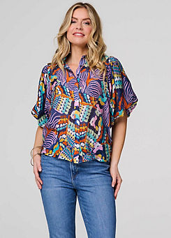 Multi Blue Abstract Puff Half Sleeve Shirt by Izabel London