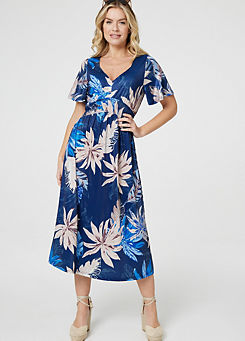 Multi Blue Leaf Print Empire Waist Midi Dress by Izabel London
