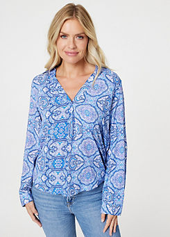 Multi Blue Printed Long Sleeve Blouse Top by Izabel London