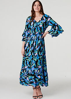 Multi Blue Printed Ruffle Hem Empire Maxi Dress by Izabel London