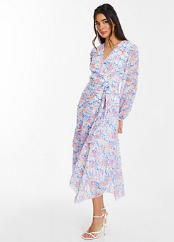 Multi Ditsy Floral Textured Chiffon Wrap Midi Dress with Long Sleeves and Tie Waist Detail by Quiz