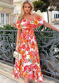 Multi Floral Print Bardot Style Midi Dress by AX Paris