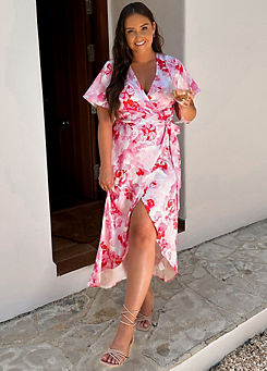 Multi Floral Print Short Sleeve Wrap Belted Midaxi Dress by In The Style x Jac Jossa