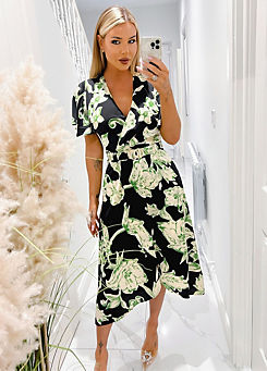 Multi Green & Black Floral Printed Short Sleeve Belted Wrap Midi Dress by AX Paris