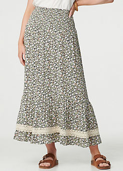 Multi Green Ditsy Floral Lace Trim Maxi Skirt by Izabel London