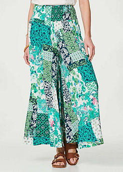 Multi Green Patchwork Print High Waist Trousers by Izabel London