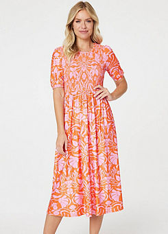 Multi Orange Floral Smocked Detail Midi Dress by Izabel London