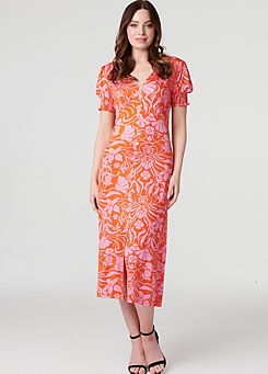 Multi Orange Floral Tie Back Midi Tea Dress by Izabel London