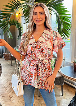 Multi Paisley Print Wrap Short Sleeve Belted Top by AX Paris