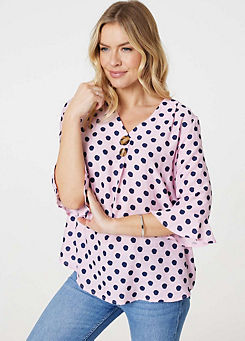 Multi Pink Polka Dot Three-Quarter Sleeve Blouse by Izabel London