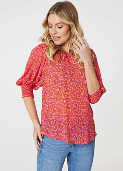 Multi Red Printed Three-Quarter Puff Sleeve Blouse by Izabel London