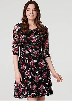 Multi Red Rose Print Lace Overlay Short Dress by Izabel London