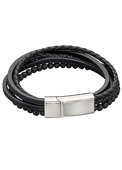 Multi Row Recycled Black Leather Bracelet with Lava Beads by Fred Bennett