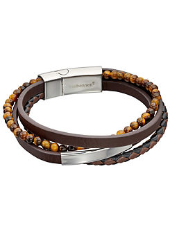 Multi Row Recycled Brown Leather Bracelet with Stainless Steel ID Bar and Tigers Eye Beads by Fred Bennett