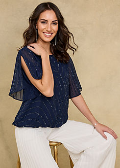 Navy Beaded Bubble Hem Blouse by Together