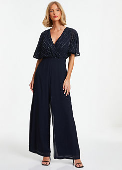 Navy Embellished Angel Sleeve Chiffon Trouser Jumpsuit by Quiz